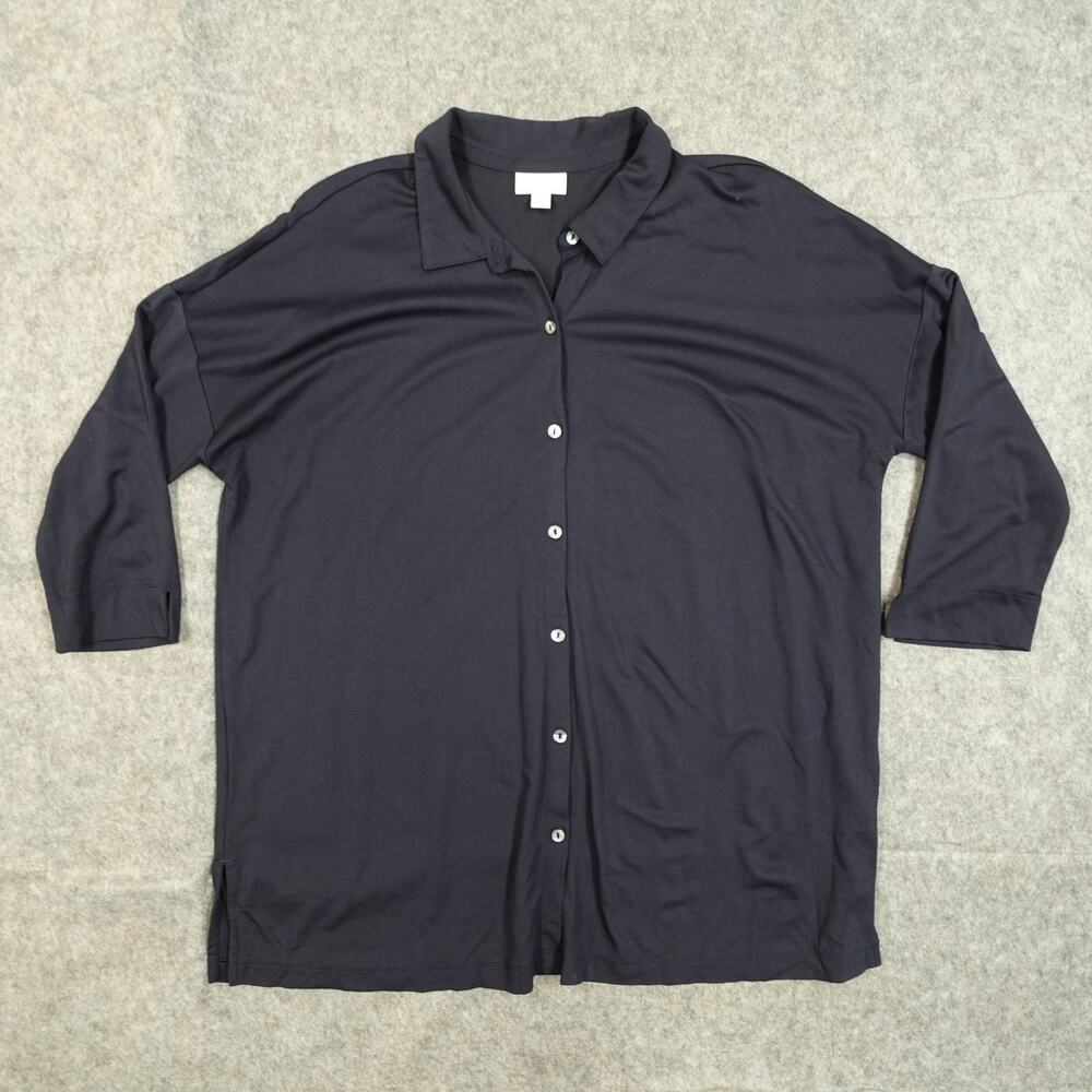 J. Jill Top Womens Large Button Front Navy Blue 3/4 Sleeve Collared Shirt Blouse